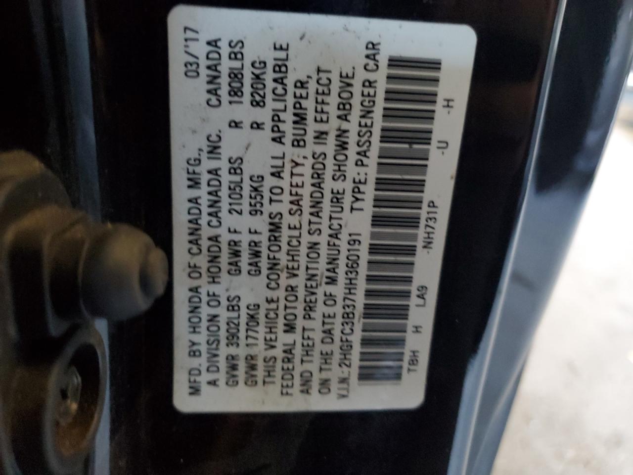 2017 Honda Civic Ex VIN: 2HGFC3B37HH360191 Lot: 81857285