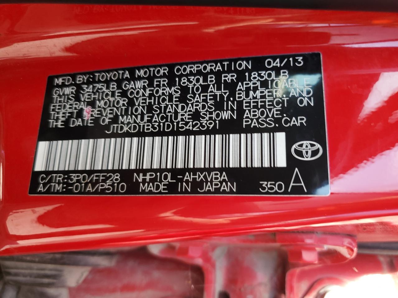 2013 Toyota Prius C VIN: JTDKDTB31D1542391 Lot: 71167525