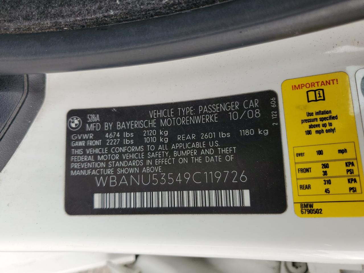 2009 BMW 528 I VIN: WBANU53549C119726 Lot: 80370395