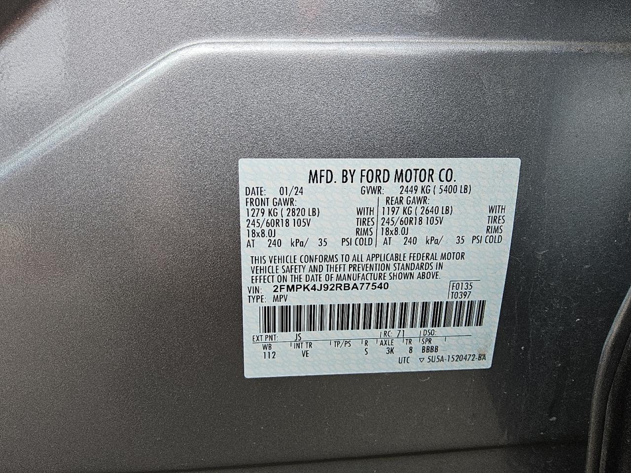 2024 Ford Edge Sel VIN: 2FMPK4J92RBA77540 Lot: 83992515