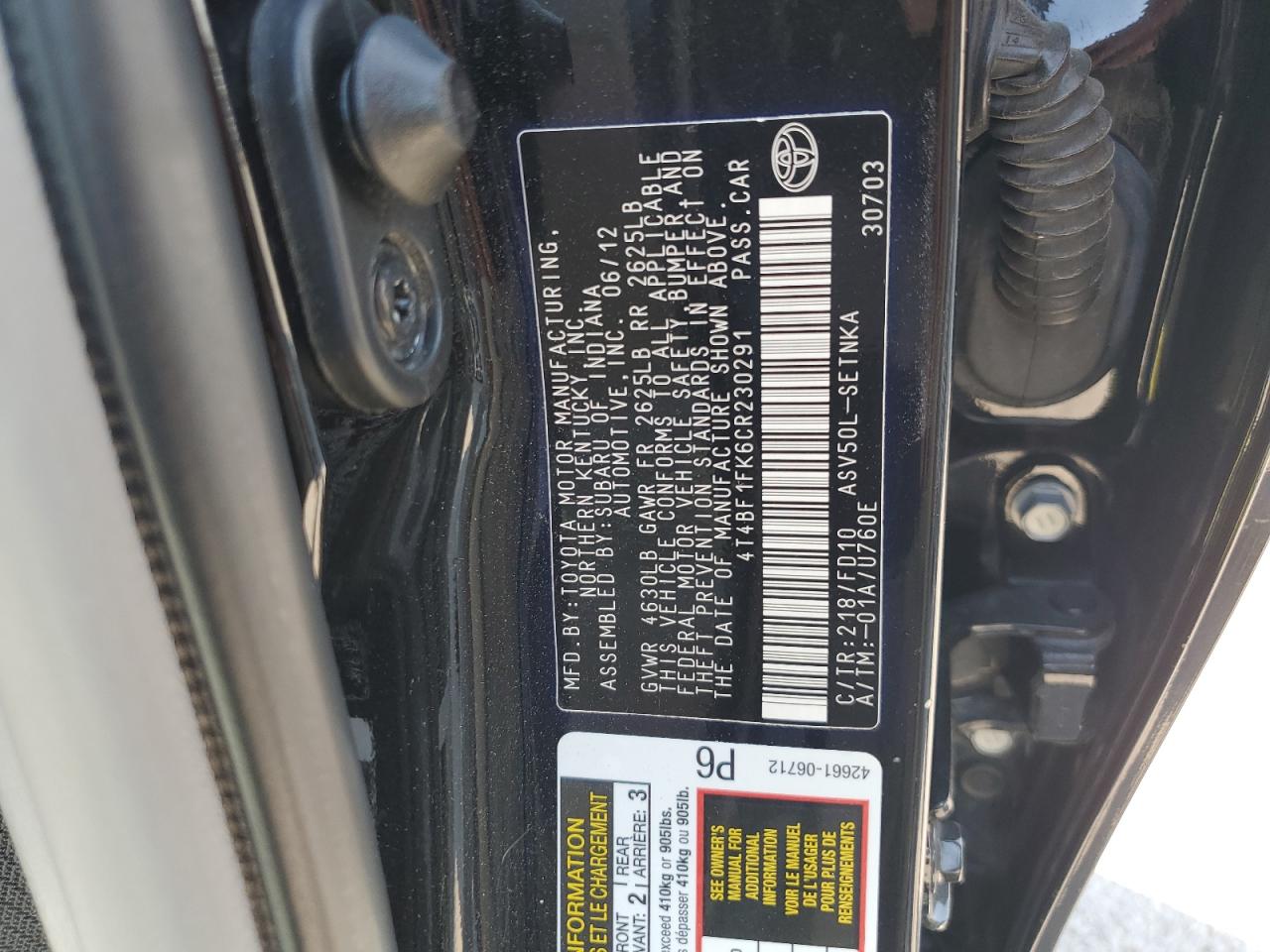 2012 Toyota Camry Base VIN: 4T4BF1FK6CR230291 Lot: 80248975