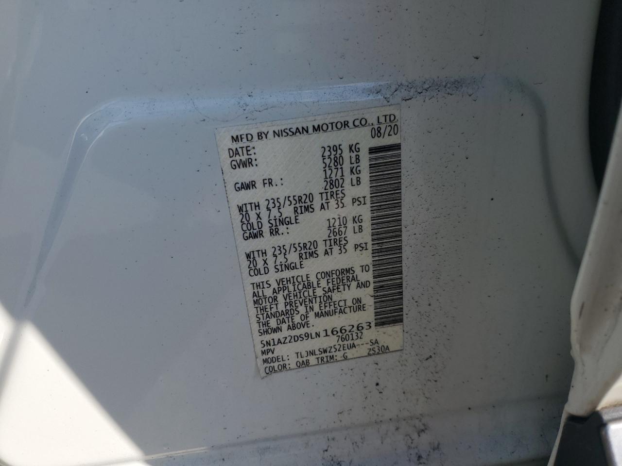 2020 Nissan Murano Platinum VIN: 5N1AZ2DS9LN166263 Lot: 71627035