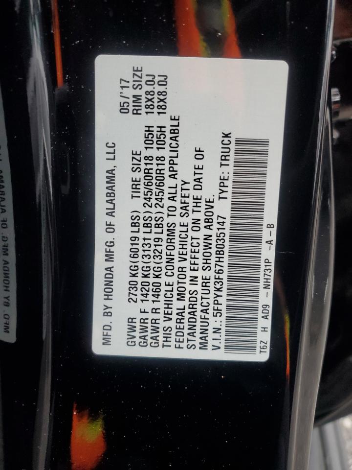 2017 Honda Ridgeline Rtl VIN: 5FPYK3F67HB035147 Lot: 81795955