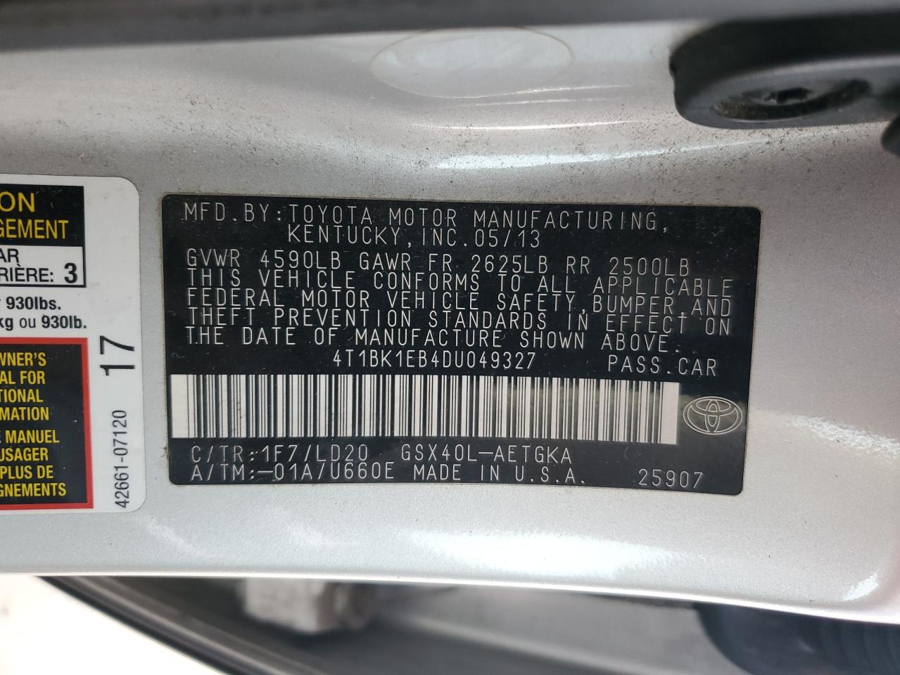 2013 Toyota Avalon Base VIN: 4T1BK1EB4DU049327 Lot: 84388475