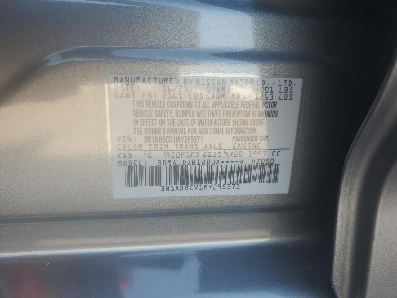 2021 Nissan Sentra Sv Xtronic Cvt VIN: 3N1AB8CV1MY295371 Lot: 43249670