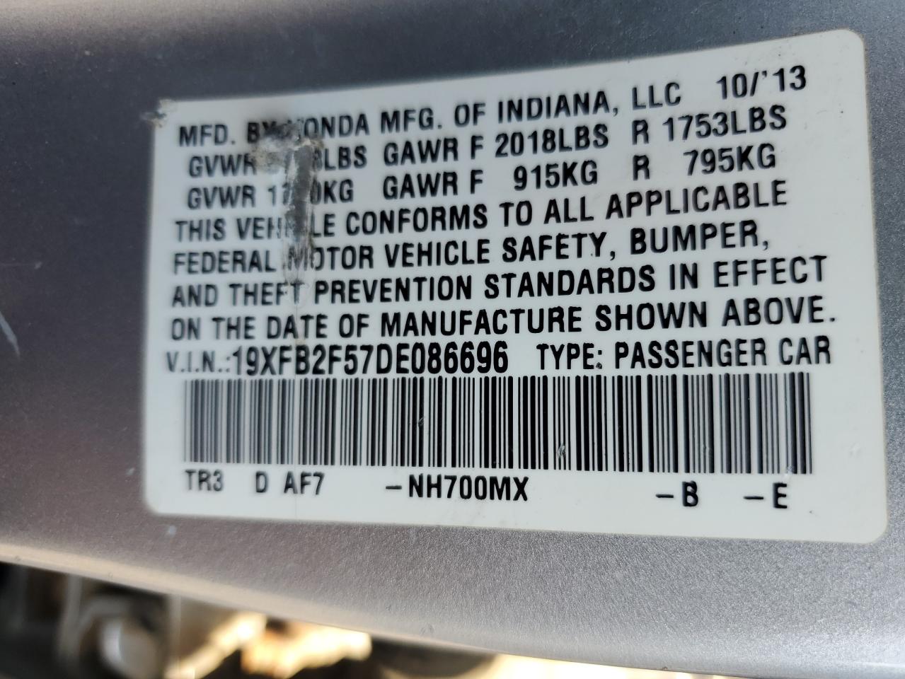 2013 Honda Civic Lx VIN: 19XFB2F57DE086696 Lot: 81914955