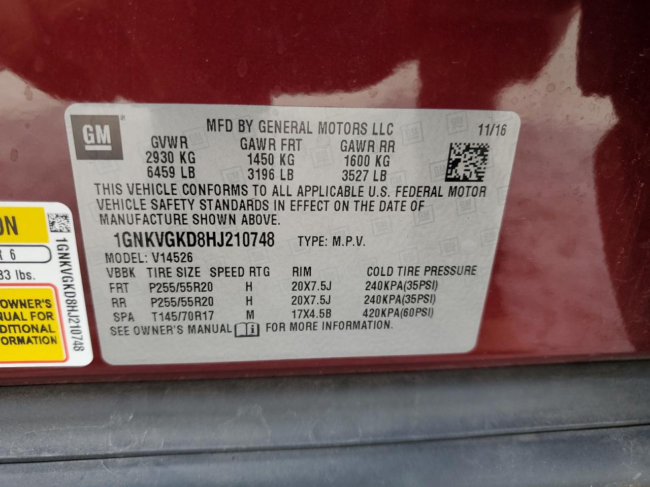 2017 Chevrolet Traverse Lt VIN: 1GNKVGKD8HJ210748 Lot: 83872065