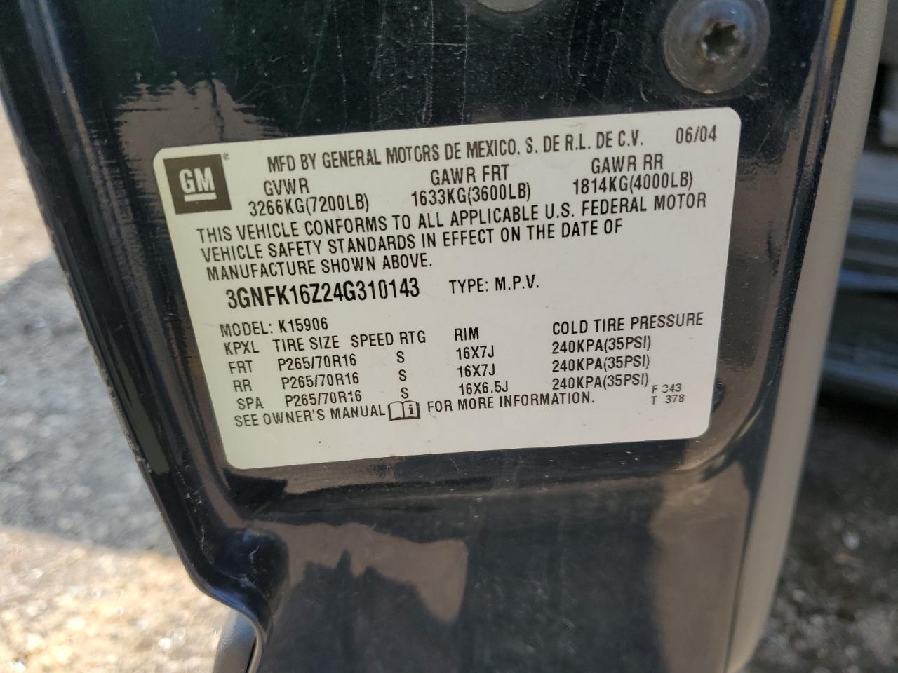 2004 Chevrolet Suburban K1500 VIN: 3GNFK16Z24G310143 Lot: 71363765