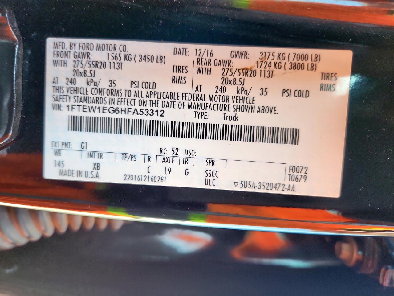 2017 Ford F150 Supercrew VIN: 1FTEW1EG6HFA53312 Lot: 71016525