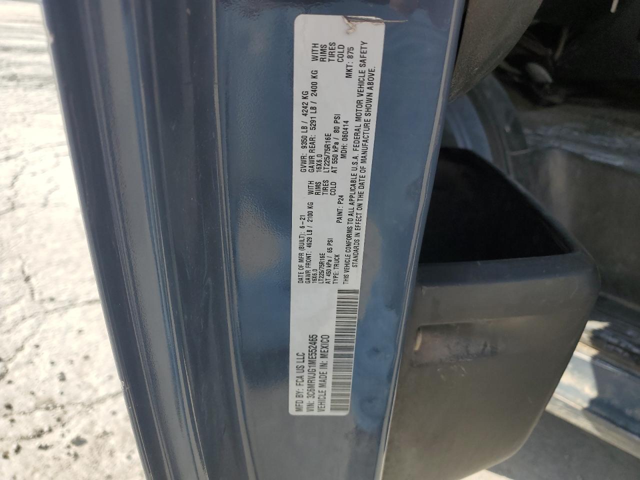 2021 Ram Promaster 3500 3500 High VIN: 3C6MRVJG1ME552465 Lot: 84428755