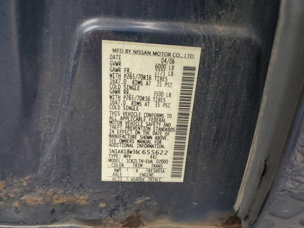 2006 Nissan Pathfinder Le VIN: 5N1AR18W36C655622 Lot: 83822975