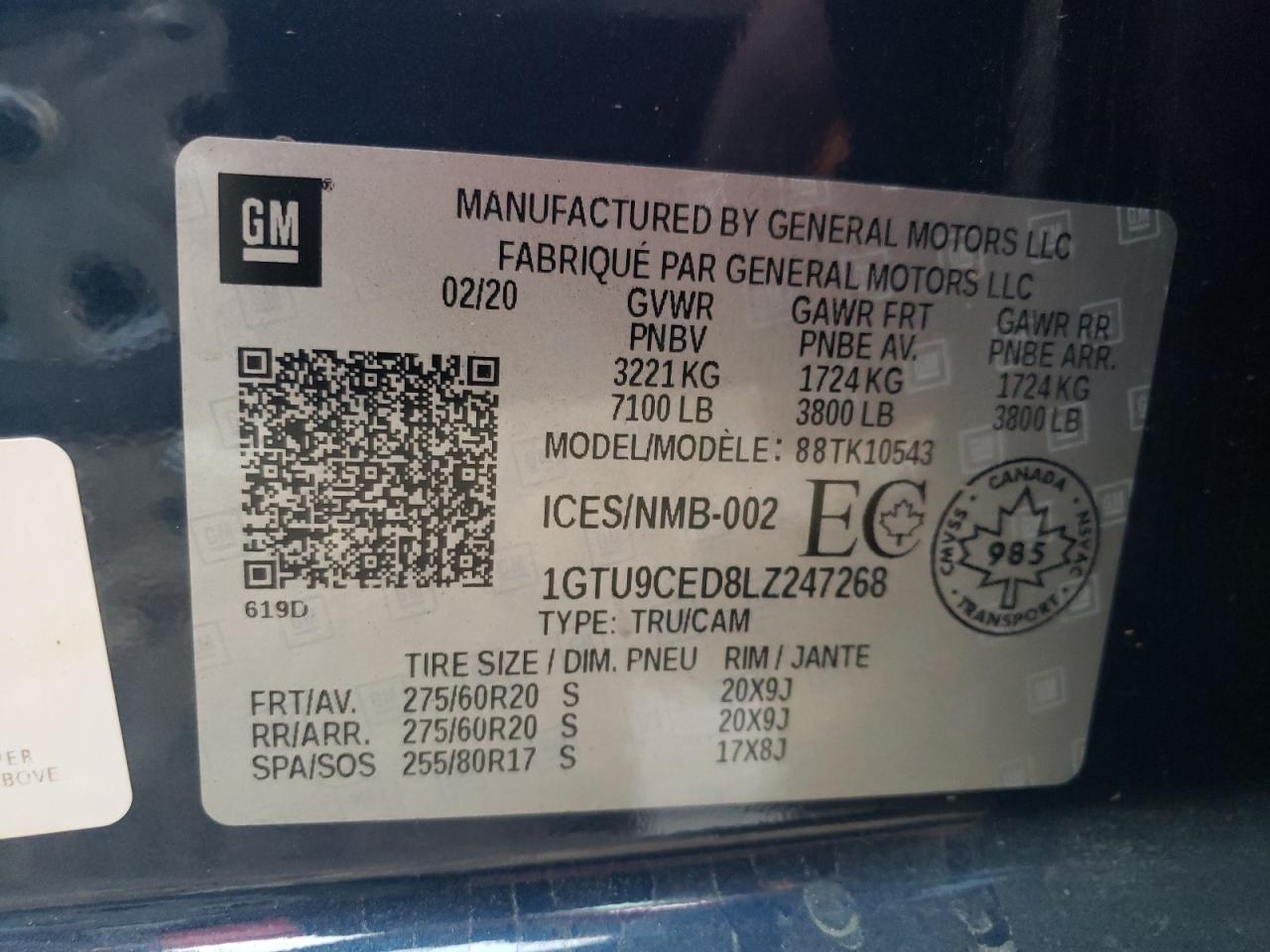 2020 GMC Sierra K1500 Elevation VIN: 1GTU9CED8LZ247268 Lot: 71910455