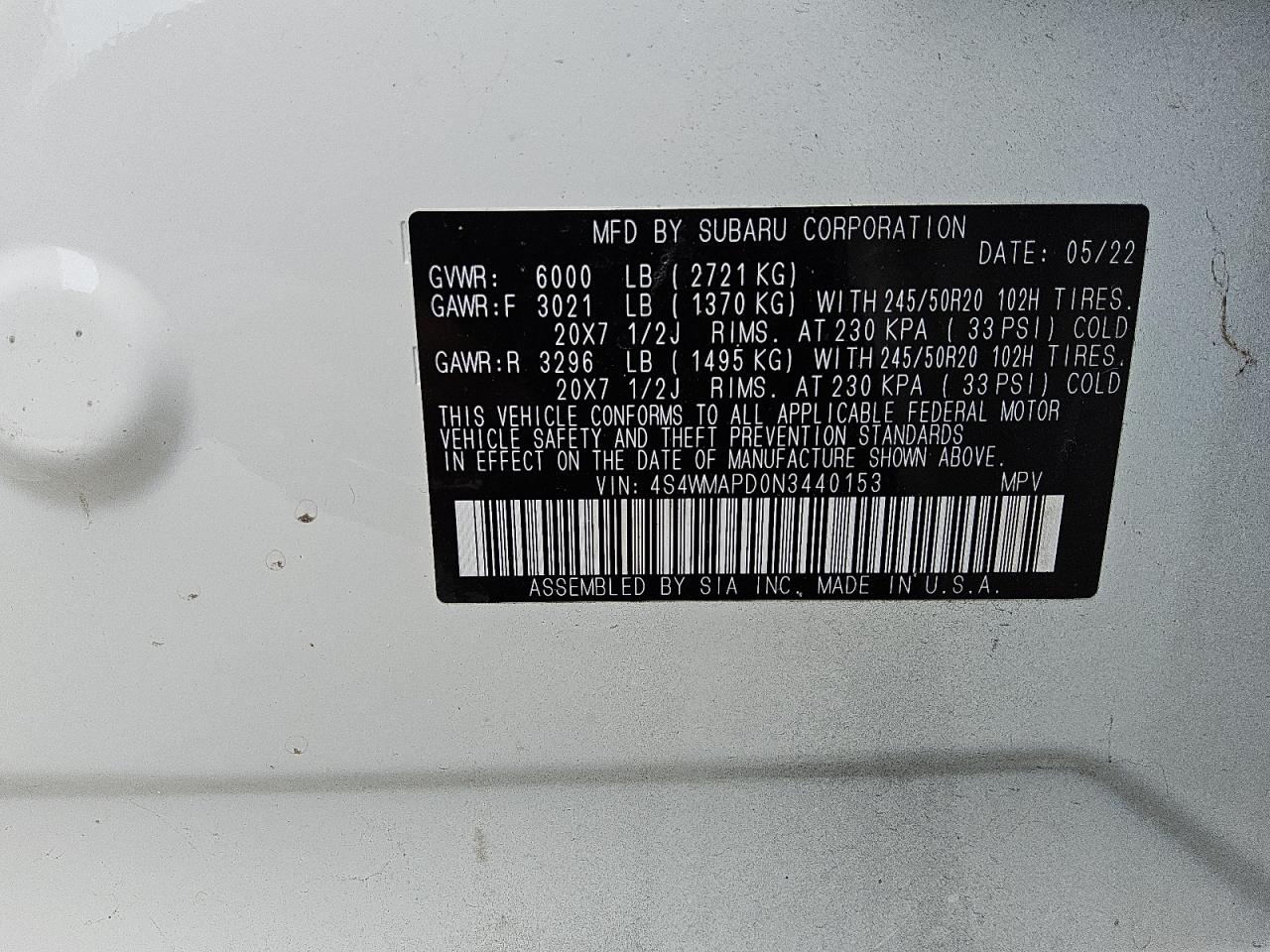 2022 Subaru Ascent Limited VIN: 4S4WMAPD0N3440153 Lot: 69851575