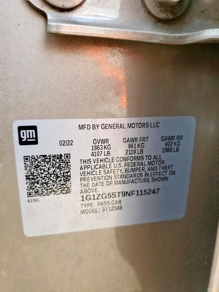 2022 Chevrolet Malibu Rs VIN: 1G1ZG5ST9NF115247 Lot: 81213705