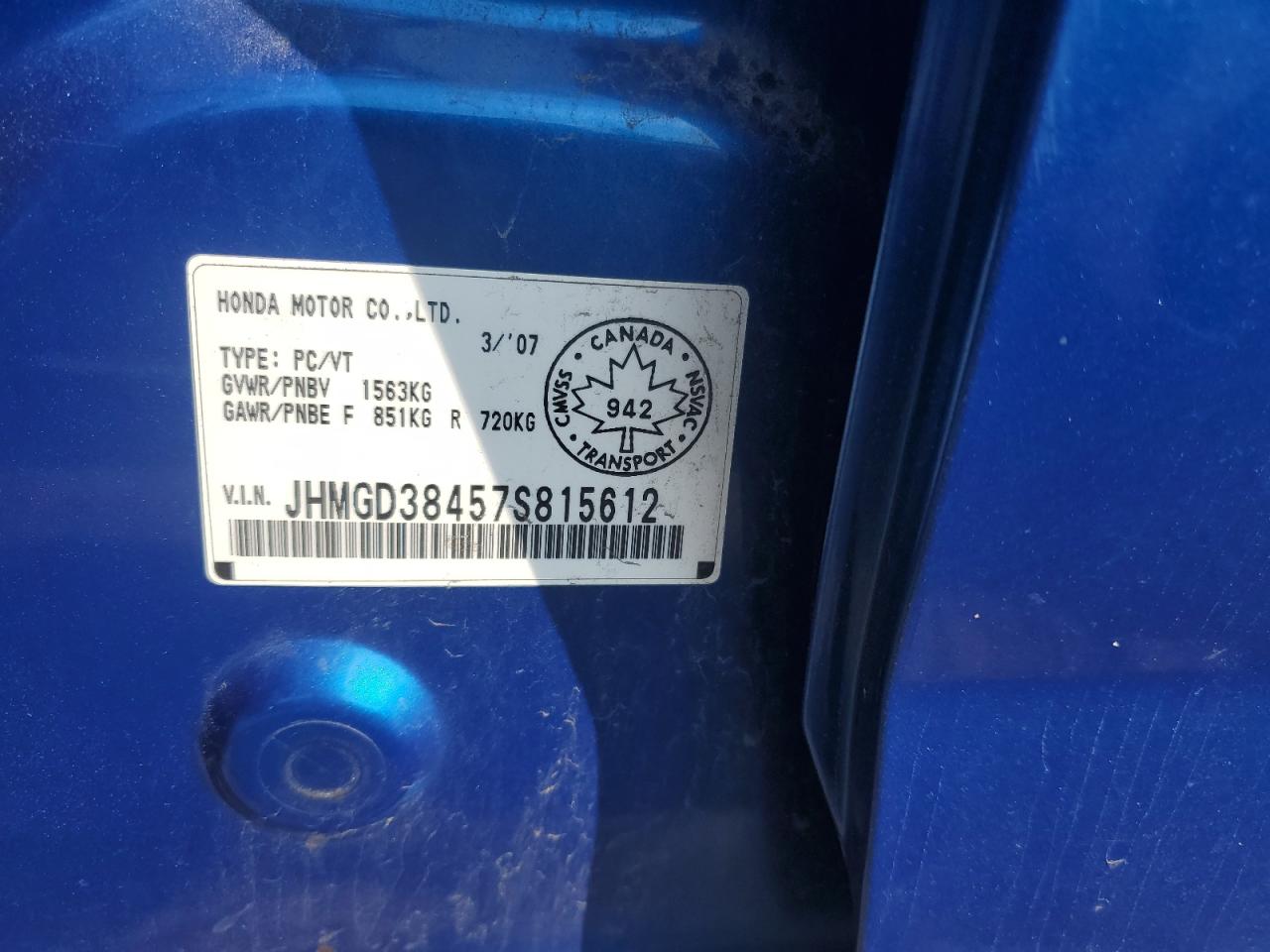 2007 Honda Fit VIN: JHMGD38457S815612 Lot: 71478135
