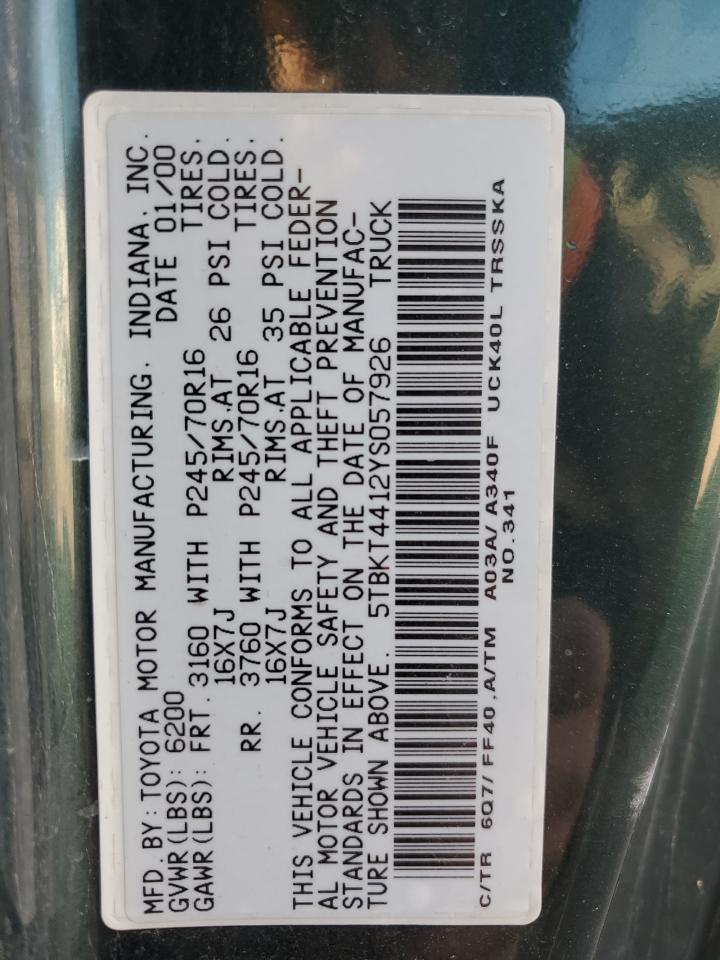 2000 Toyota Tundra Sr5 VIN: 5TBKT4412YS057926 Lot: 80147765