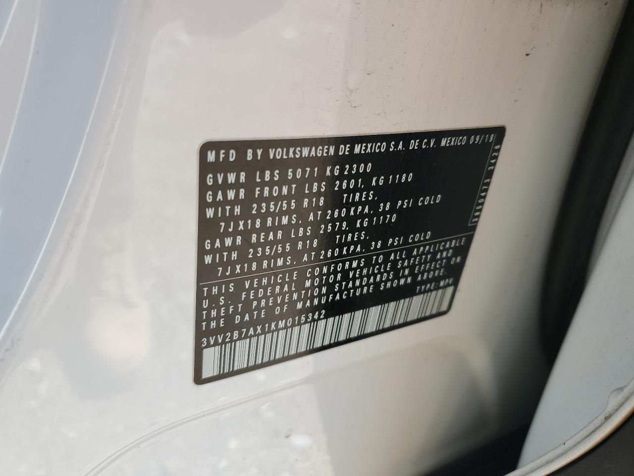 2019 Volkswagen Tiguan Se VIN: 3VV2B7AX1KM015342 Lot: 70742585