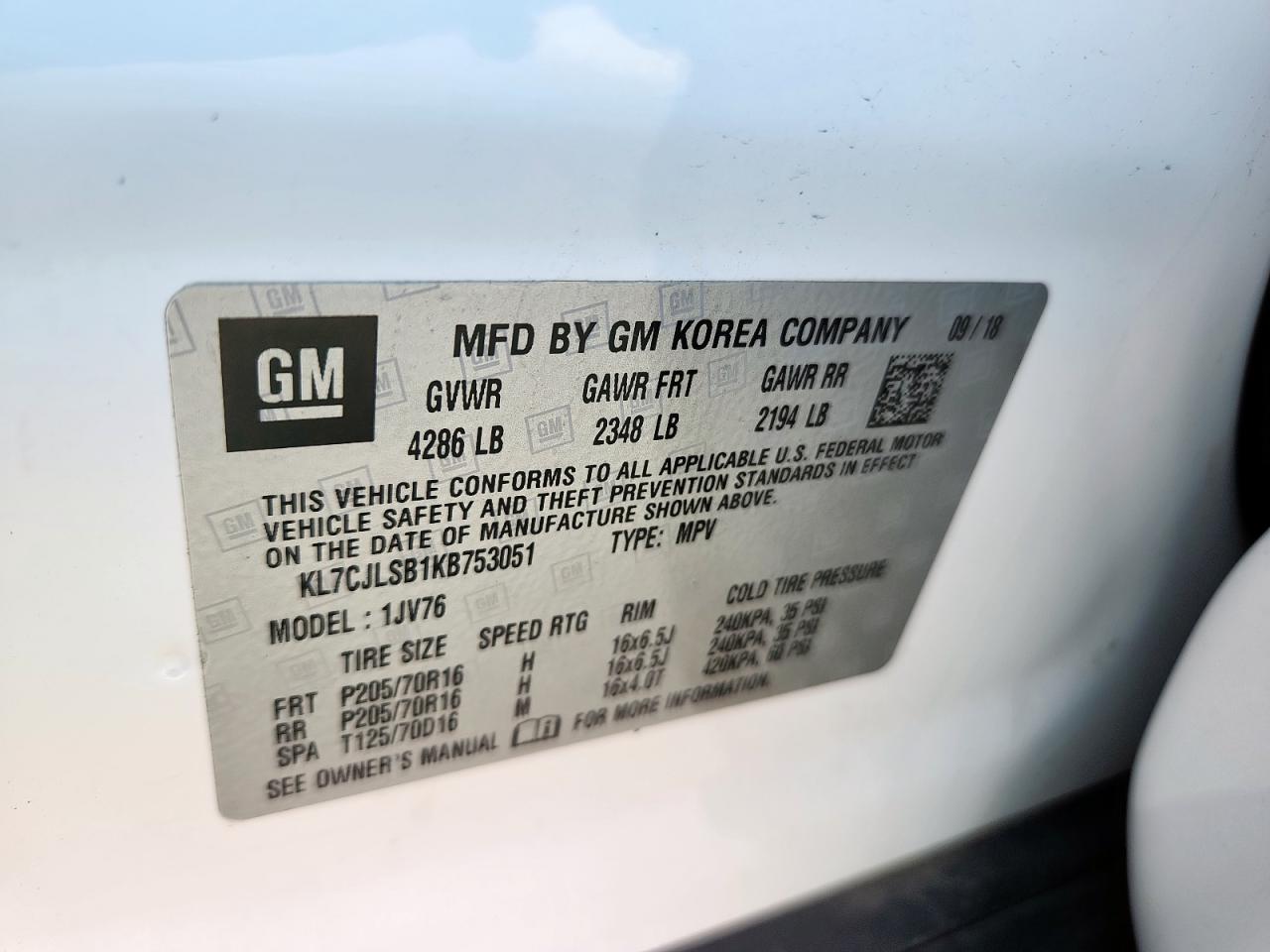 2019 Chevrolet Trax 1Lt VIN: KL7CJLSB1KB753051 Lot: 84258245