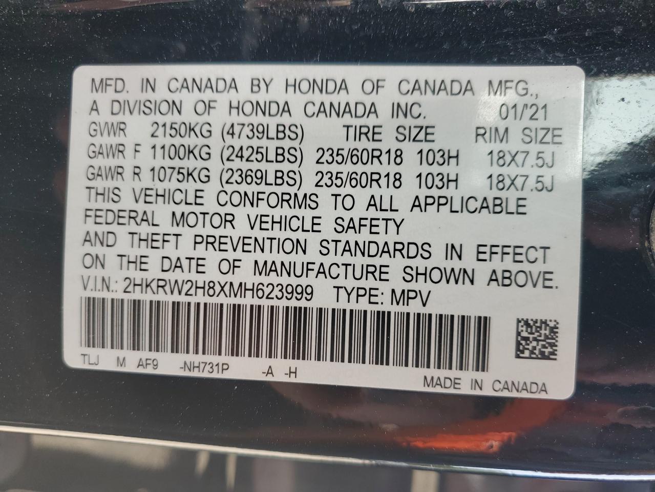 2021 Honda Cr-V Exl VIN: 2HKRW2H8XMH623999 Lot: 84283215