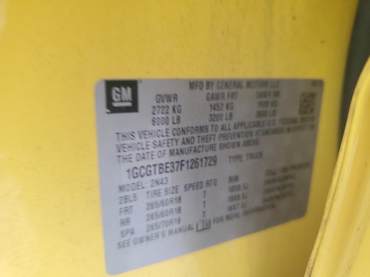 2015 Chevrolet Colorado Lt VIN: 1GCGTBE37F1261729 Lot: 82035325