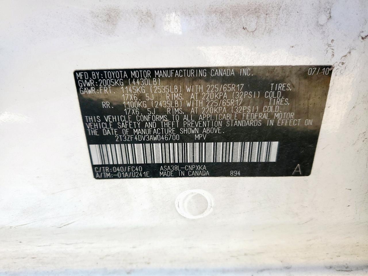 2010 Toyota Rav4 VIN: 2T3ZF4DV3AW046700 Lot: 81470105