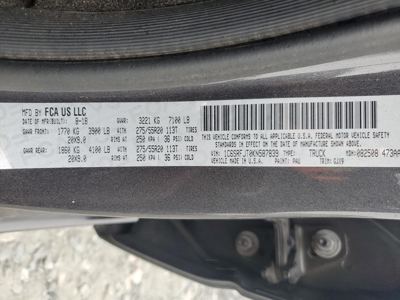 2019 Ram 1500 Laramie VIN: 1C6SRFJT0KN587839 Lot: 81923715