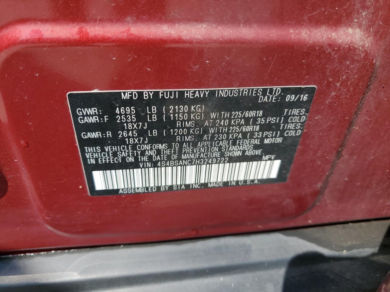 2017 Subaru Outback 2.5I Limited VIN: 4S4BSANC7H3249722 Lot: 71740465