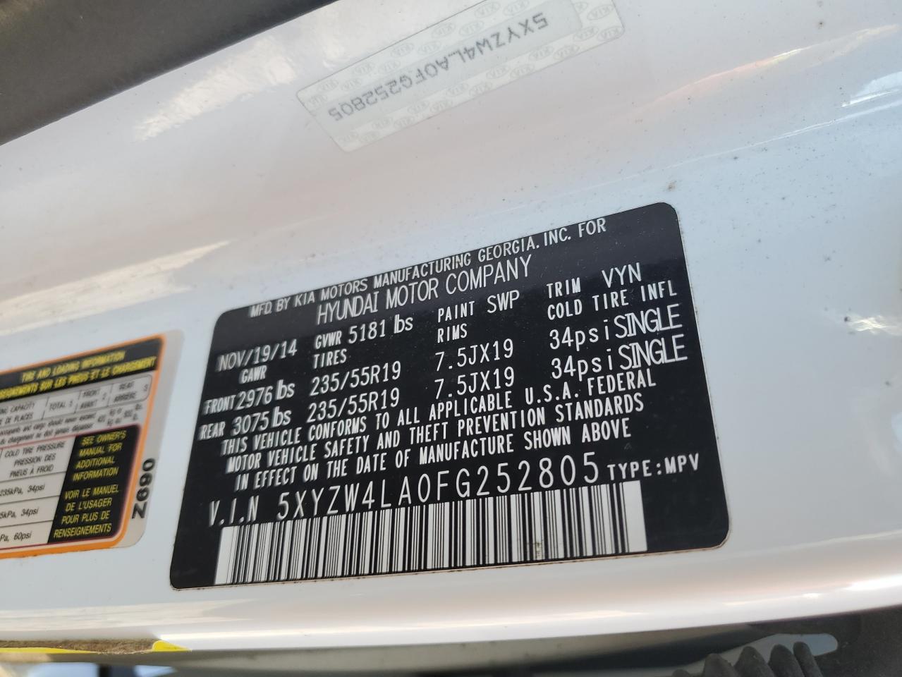 2015 Hyundai Santa Fe Sport VIN: 5XYZW4LA0FG252805 Lot: 84000625