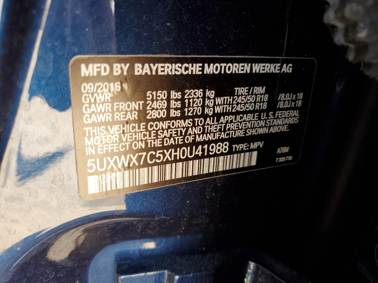 2017 BMW X3 xDrive35I VIN: 5UXWX7C5XH0U41988 Lot: 80058865
