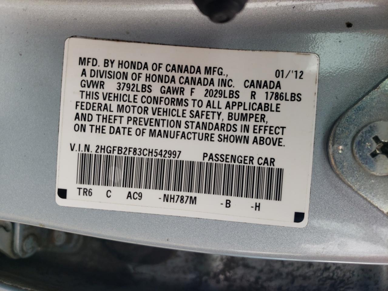 2012 Honda Civic Ex VIN: 2HGFB2F83CH542997 Lot: 81942915