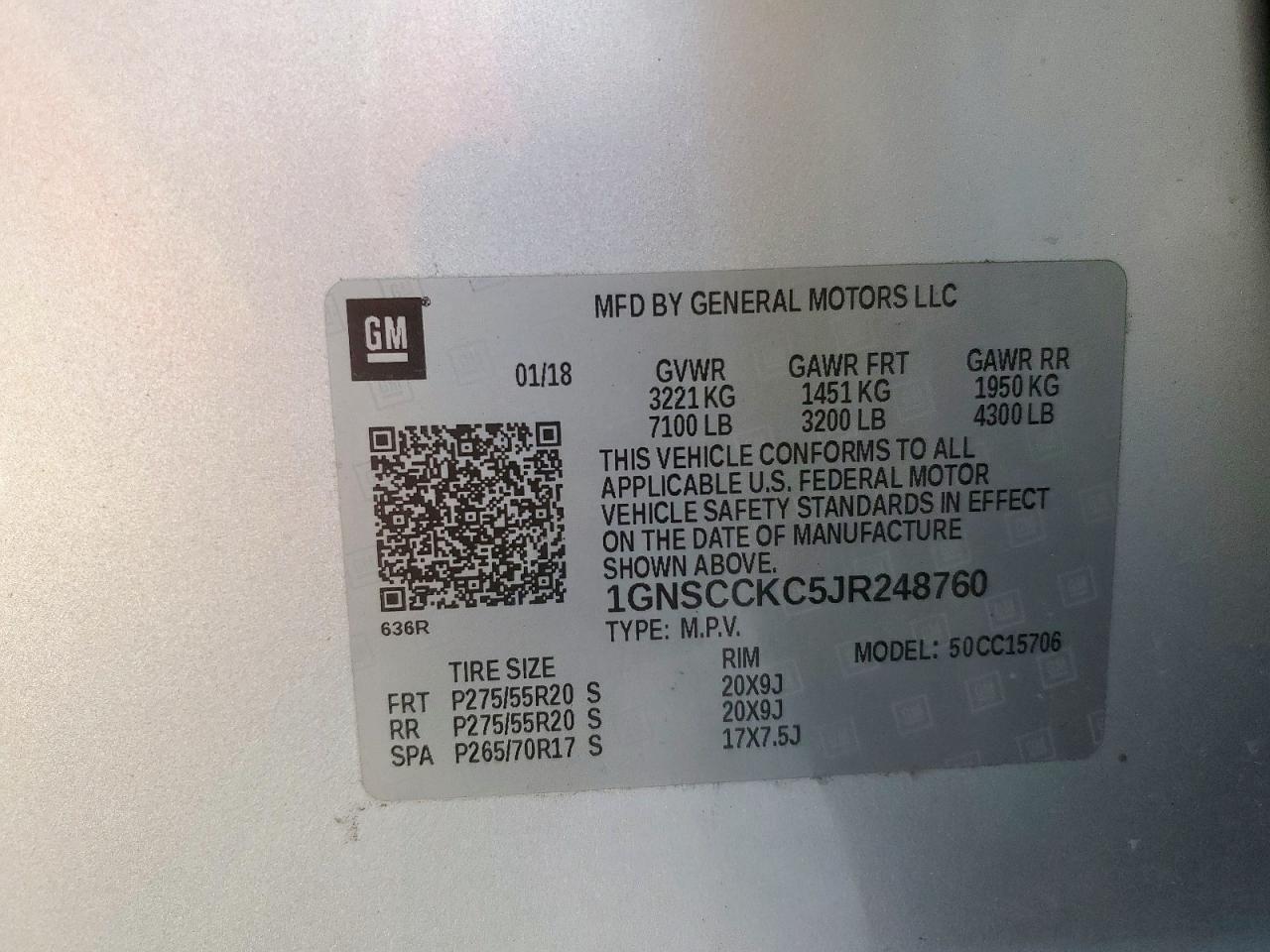 2018 Chevrolet Tahoe C1500 Premier VIN: 1GNSCCKC5JR248760 Lot: 70964495