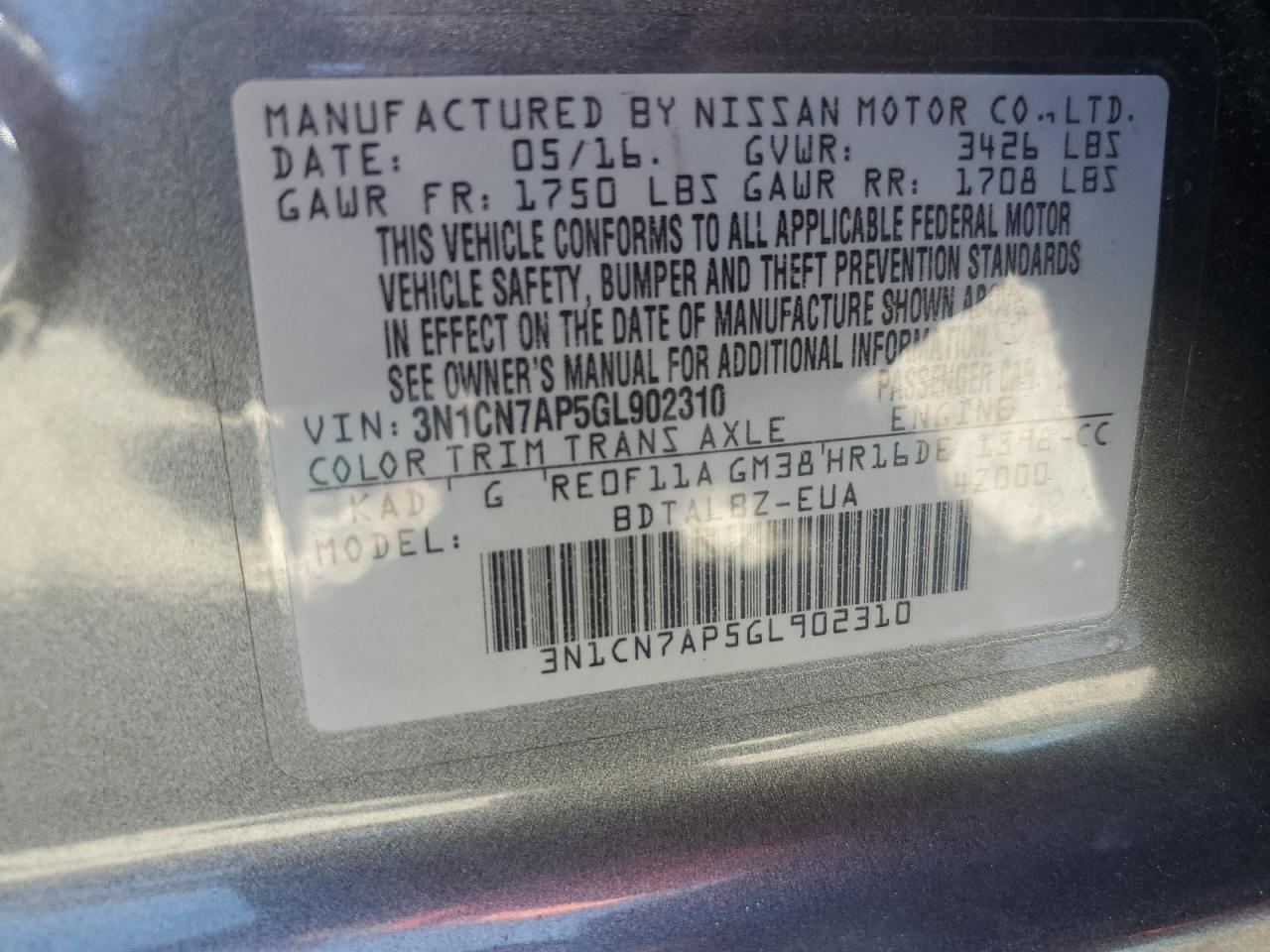 2016 Nissan Versa S VIN: 3N1CN7AP5GL902310 Lot: 71498375