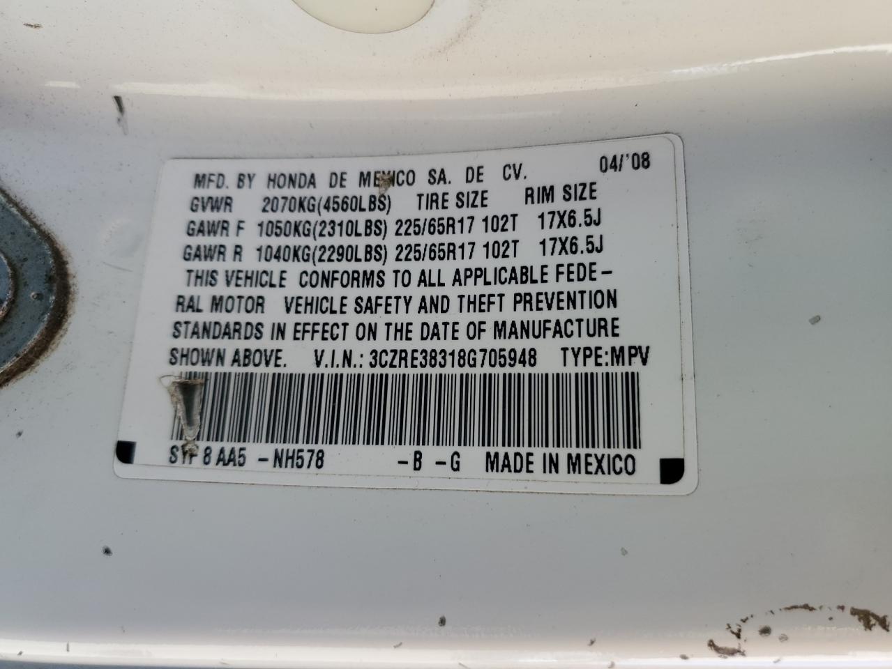 2008 Honda Cr-V Lx VIN: 3CZRE38318G705948 Lot: 80760045