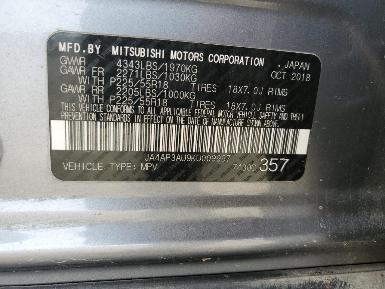 2019 Mitsubishi Outlander Sport Es VIN: JA4AP3AU9KU009997 Lot: 71856775