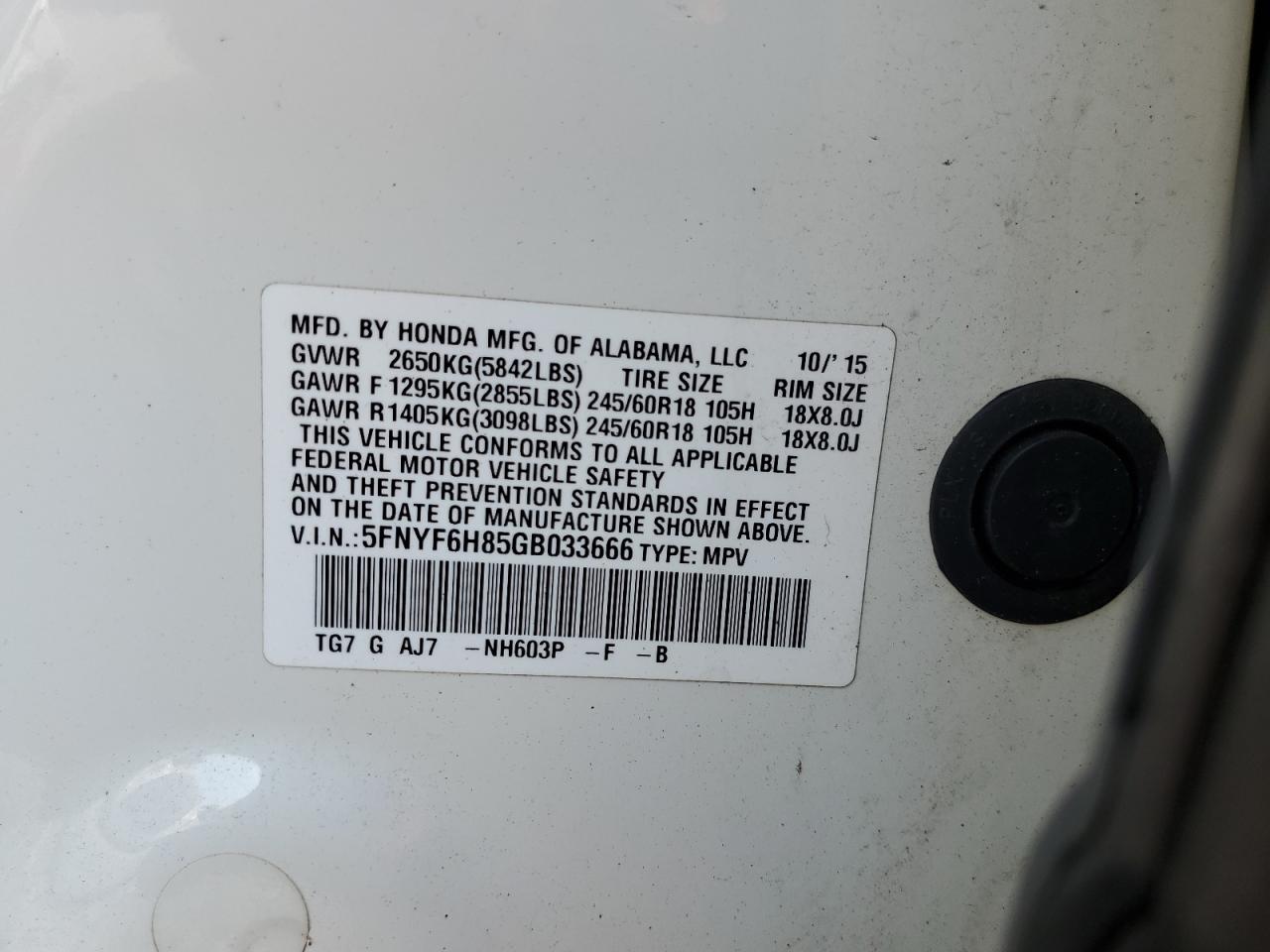 2016 Honda Pilot Exl VIN: 5FNYF6H85GB033666 Lot: 81632725