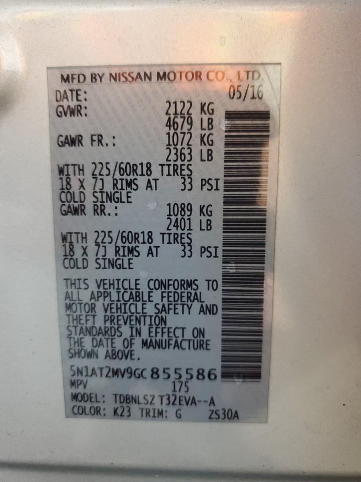 2016 Nissan Rogue S VIN: 5N1AT2MV9GC855586 Lot: 84192265