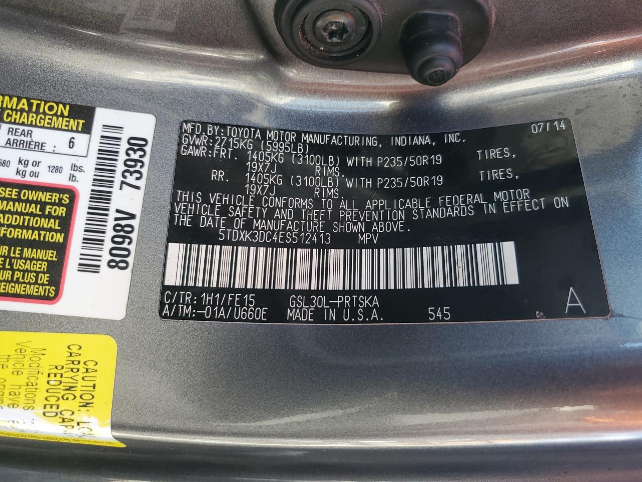 2014 Toyota Sienna Sport VIN: 5TDXK3DC4ES512413 Lot: 81541805