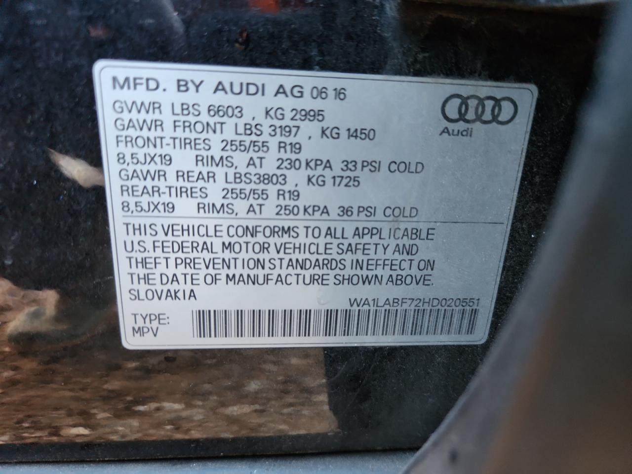 2017 Audi Q7 Premium Plus VIN: WA1LABF72HD020551 Lot: 84048255