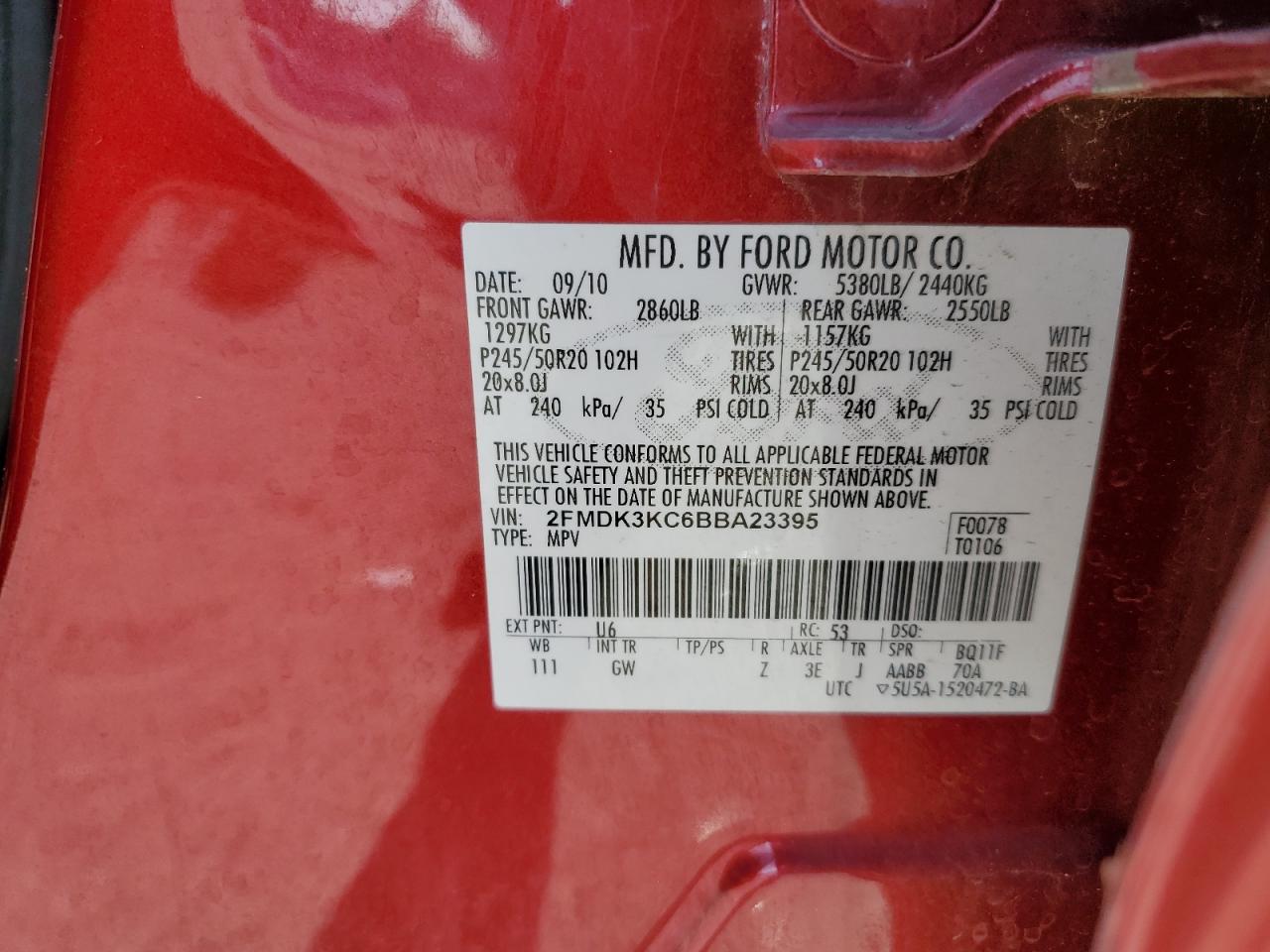 2011 Ford Edge Limited VIN: 2FMDK3KC6BBA23395 Lot: 68959655