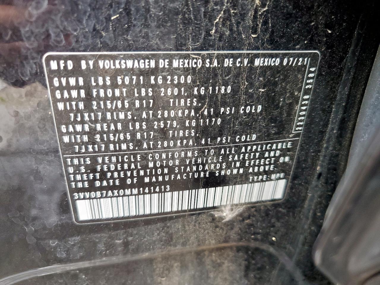 2021 Volkswagen Tiguan S VIN: 3VV0B7AX0MM141413 Lot: 80727195