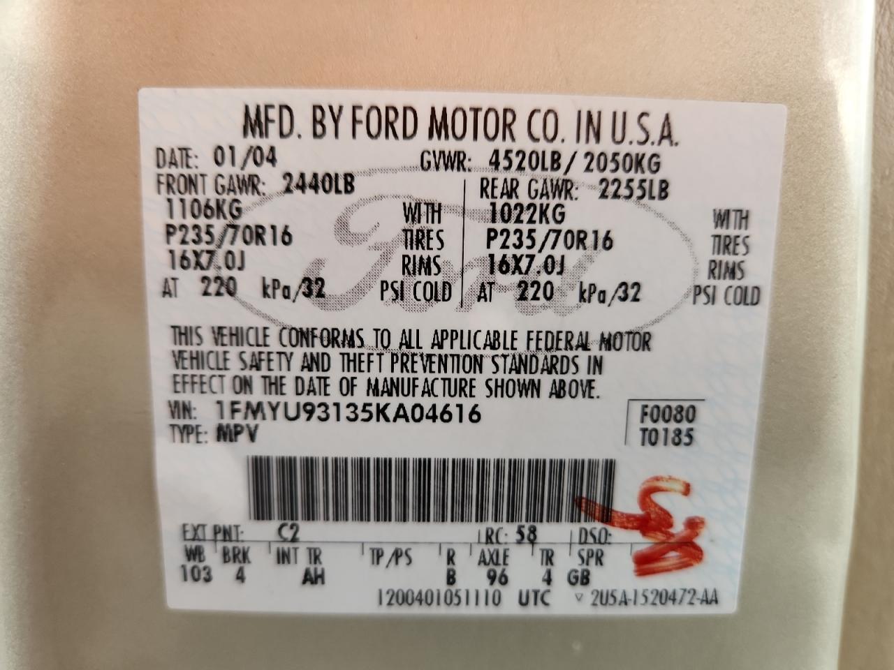 2005 Ford Escape Xlt VIN: 1FMYU93135KA04616 Lot: 80103795