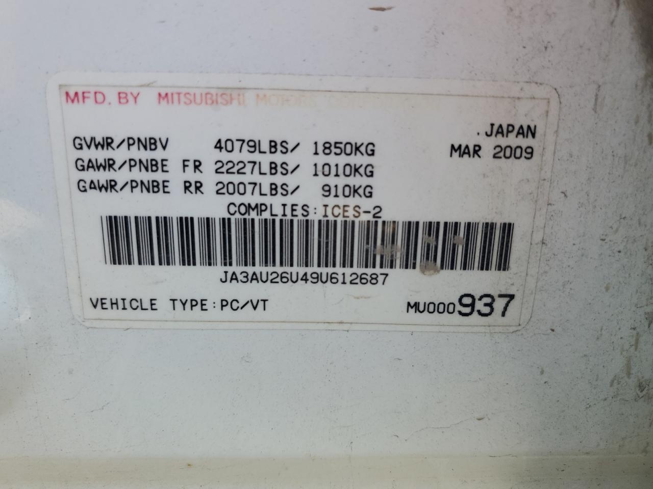 2009 Mitsubishi Lancer Es/Es Sport VIN: JA3AU26U49U612687 Lot: 71735015