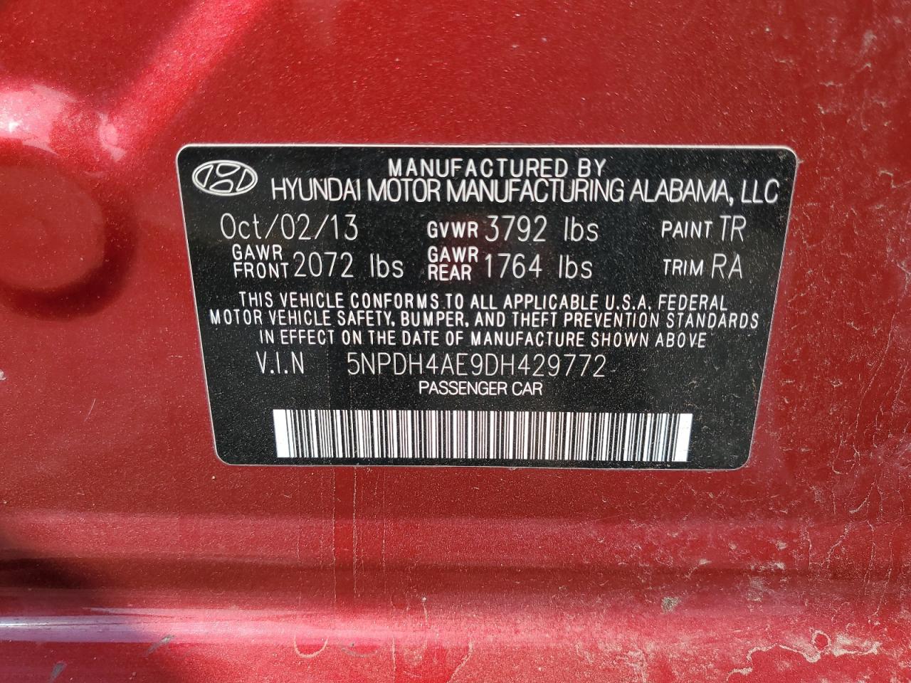 2013 Hyundai Elantra Gls VIN: 5NPDH4AE9DH429772 Lot: 71466735