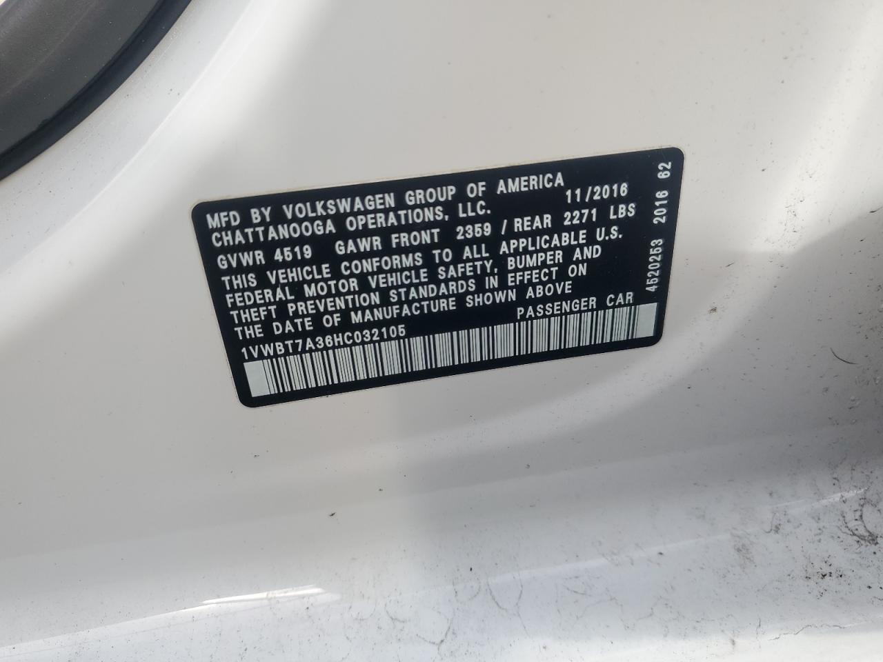 2017 Volkswagen Passat Se VIN: 1VWBT7A36HC032105 Lot: 68202335