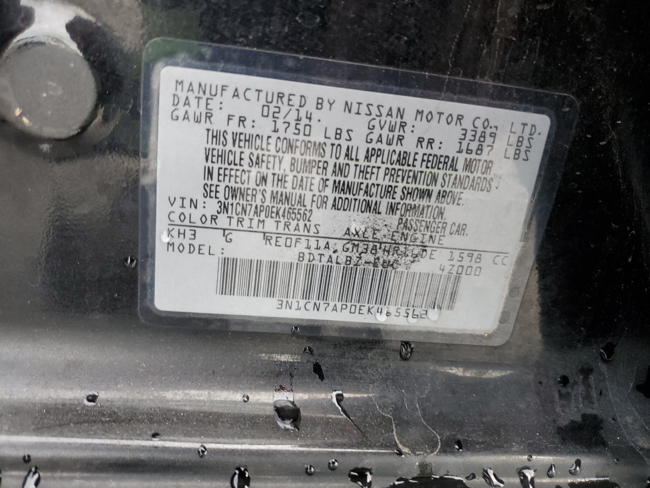 2014 Nissan Versa S VIN: 3N1CN7AP0EK465562 Lot: 81468815