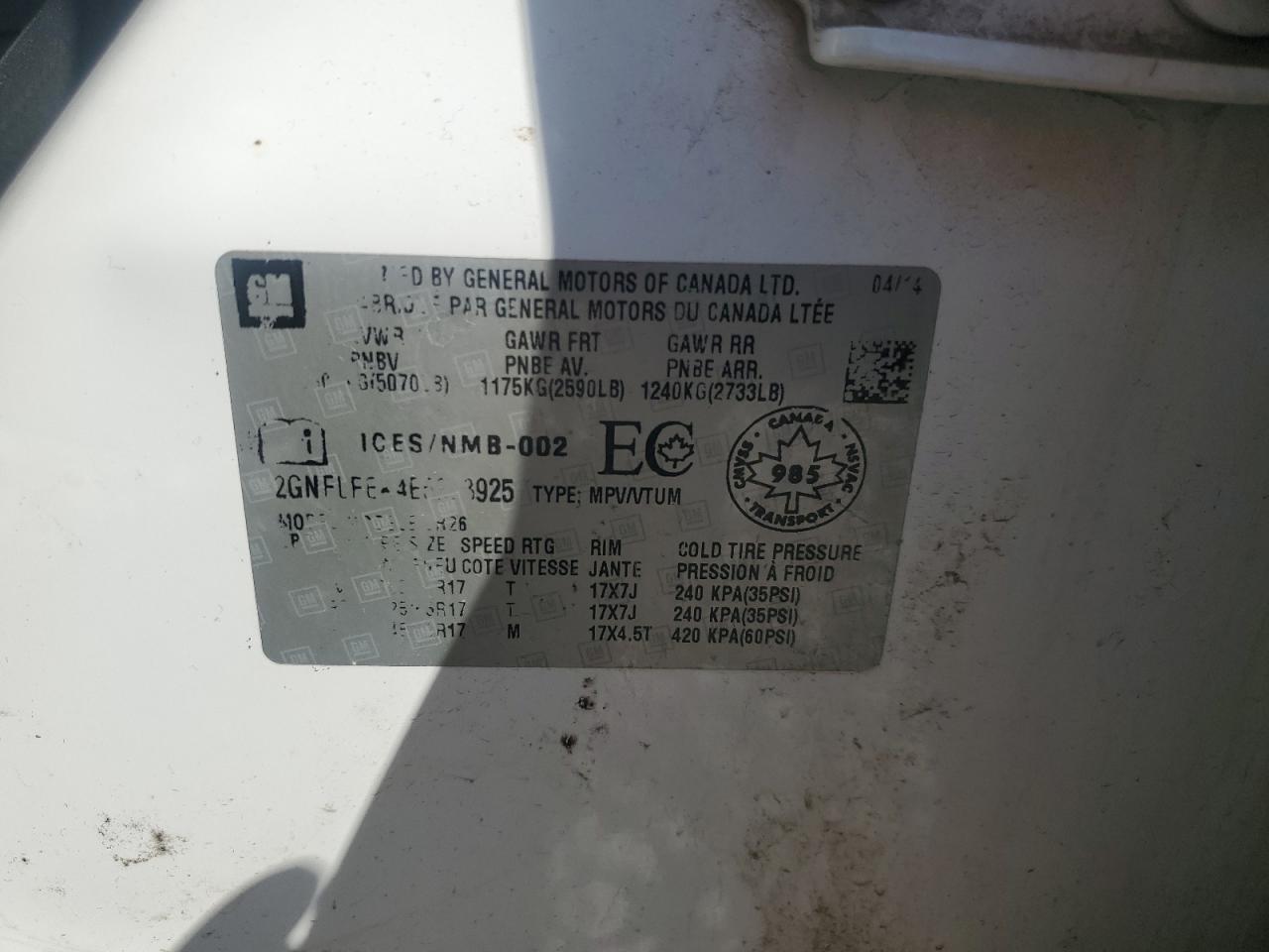 2014 Chevrolet Equinox Lt VIN: 2GNFLFEK4E6323925 Lot: 84790325