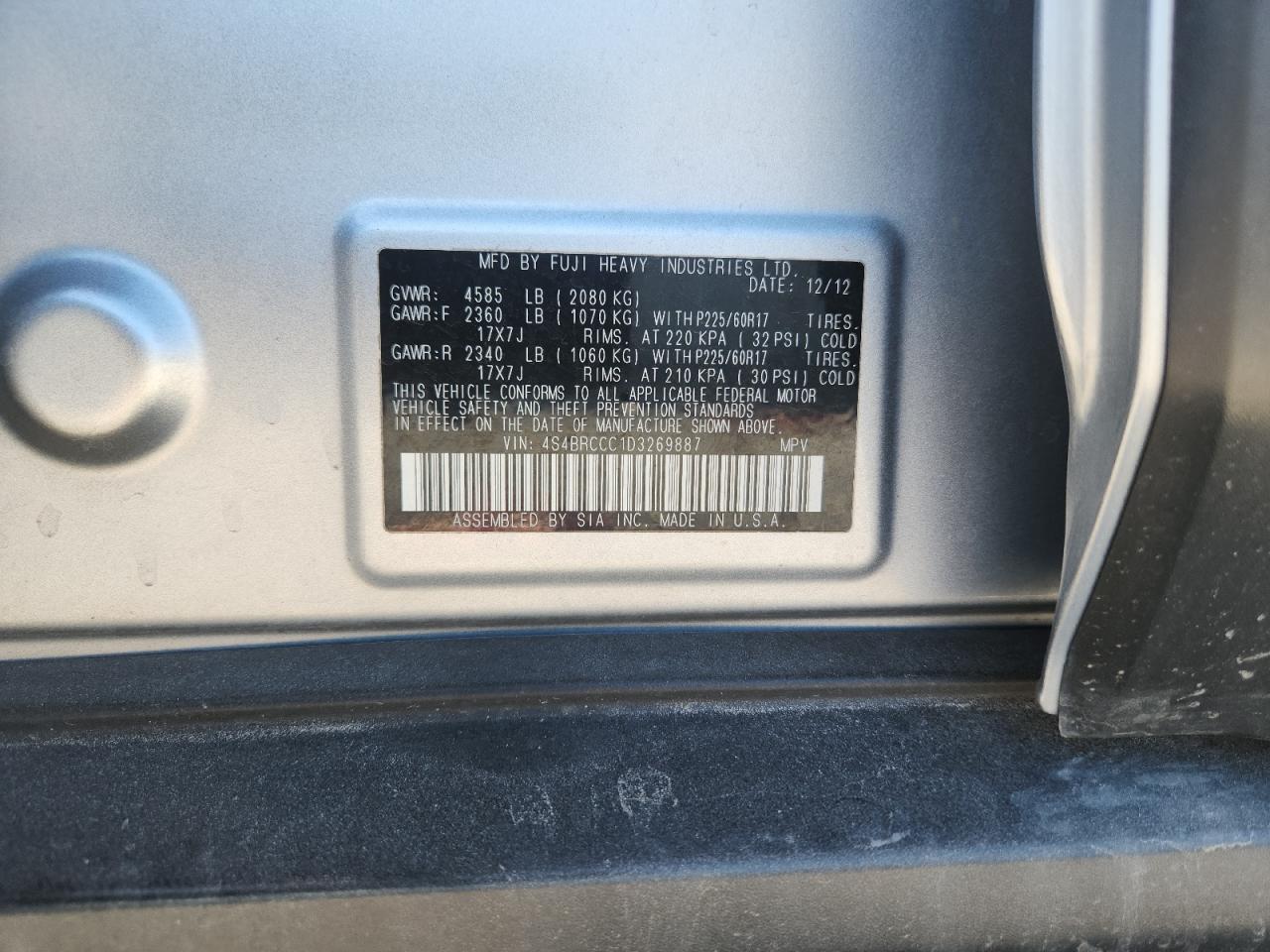 2013 Subaru Outback 2.5I Premium VIN: 4S4BRCCC1D3269887 Lot: 83761725