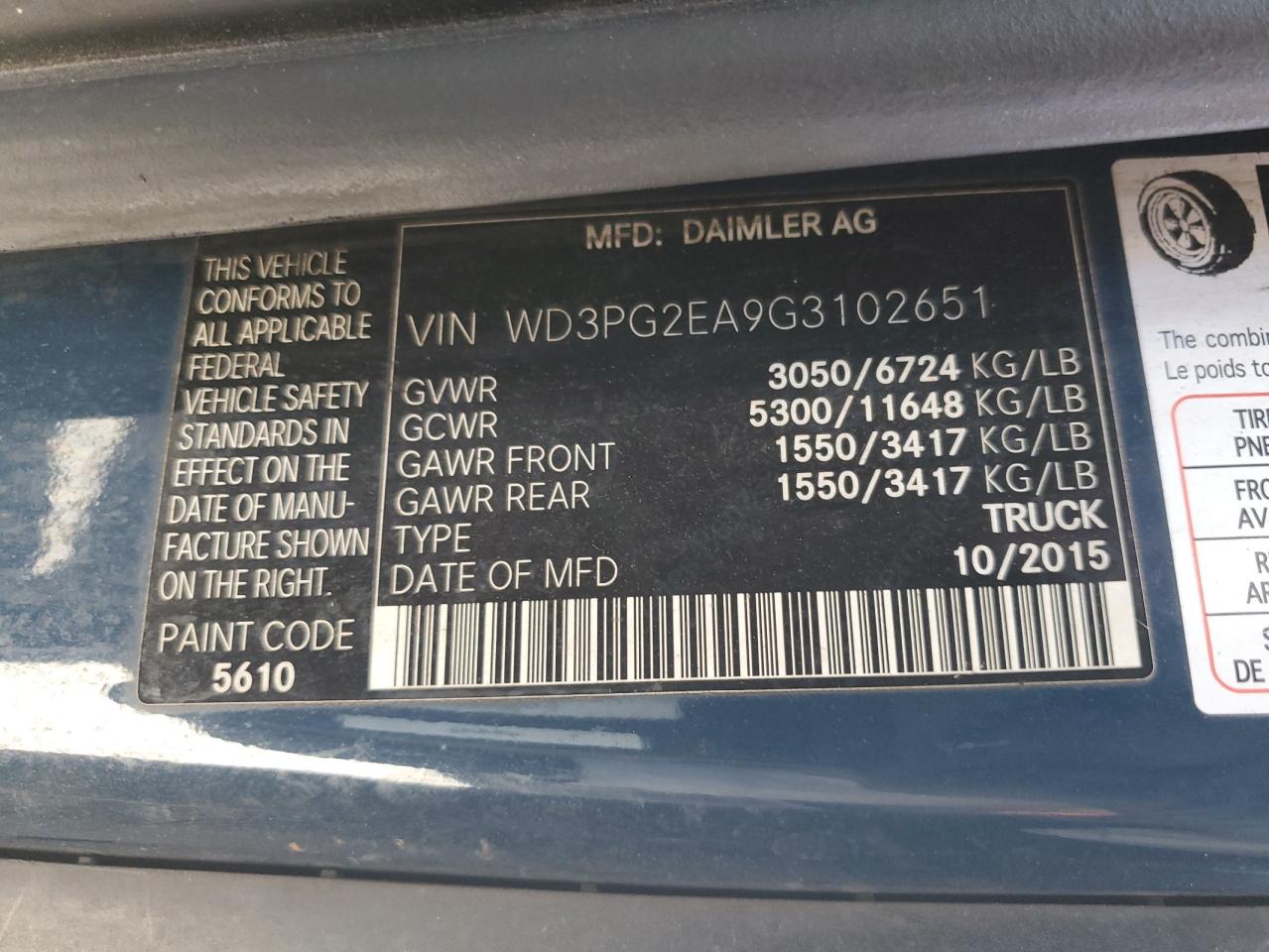 2016 Mercedes-Benz Metris VIN: WD3PG2EA9G3102651 Lot: 71248925