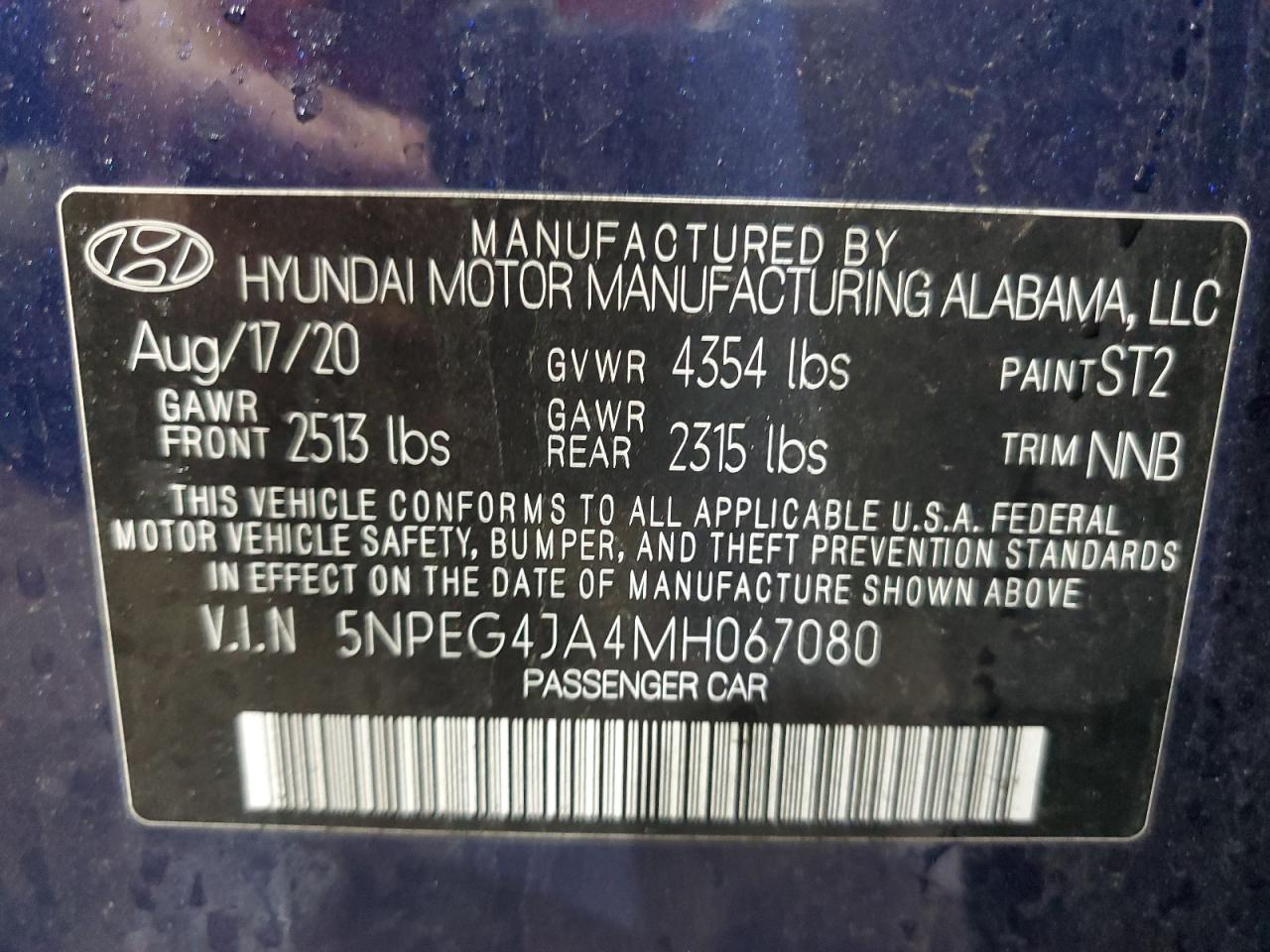 2021 Hyundai Sonata Se VIN: 5NPEG4JA4MH067080 Lot: 81402535