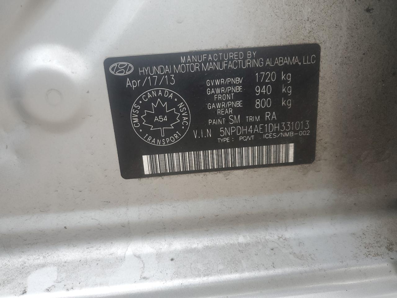 2013 Hyundai Elantra Gls VIN: 5NPDH4AE1DH331013 Lot: 71038625